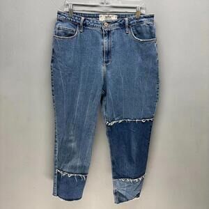 Hollister Curvy High Rise Mom Jeans - Patchwork Tapered Leg Blue Denim Size 15